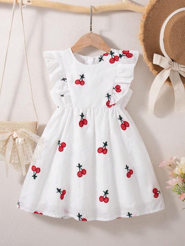 SHEIN Vintaside Kids 少女正式樱桃刺绣碎花圆领露背荷叶袖宽松无袖连衣裙，甜美简约，夏季