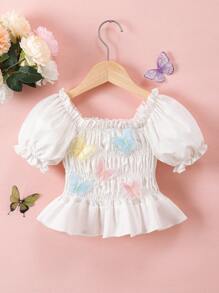 SHEIN Young Girls Cute Puff Sleeve Butterfly Decoration Blouse Top, New Spring/Summer Design