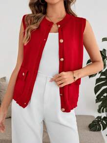 EMERY ROSE 女士单排扣无袖纯色针织毛衣上衣，秋冬 - 紅色 - 查看 1