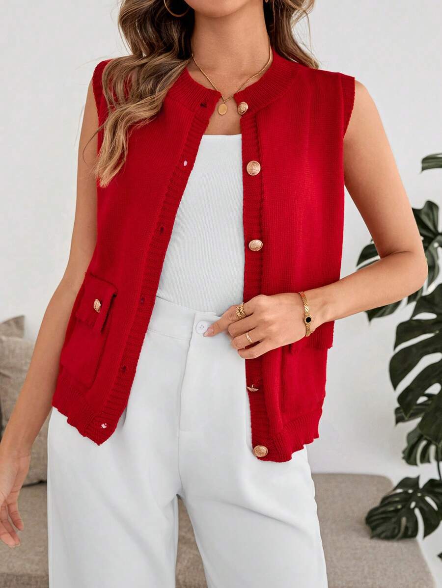 EMERY ROSE 女士单排扣无袖纯色针织毛衣上衣，秋冬 - 紅色 - 查看 1