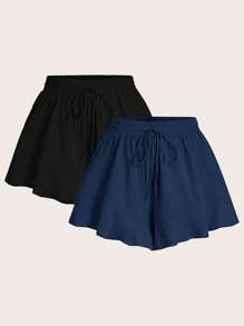 SHEIN Elaquor Quần short màu trơn cỡ lớn có viền xếp nếp kiểu Pháp - Màu xanh hải quân - Xem 1