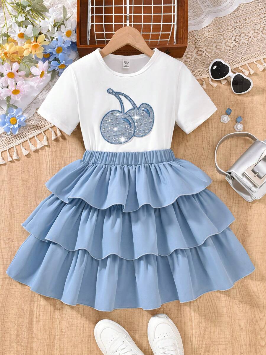 SHEIN 2pcs Tween Girls Blue Cherry Sequin Patch Shirt With Blue Layered Cake Skirt, Cute & Fashionable Spring/Summer Outfit - Red - View 1