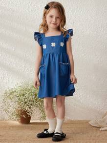 Blossori 年轻女孩优雅法式蓝色牛仔方领连衣裙，春夏 - 藍色 - 查看 4