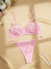 Charlaine Charlaine Women's Sweet Bowknot Decor Lace Padded 2pcs Lingerie Bras Set