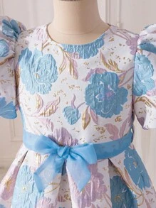 SHEIN Glamorique Kids Tween Girls' Elegant Jacquard Puff Sleeve Summer Party Easter Dress, Suitable For Daily Wear, Parties And Gatherings, Displaying A Noble And Glamorous Quality - Baby Blue - View 6