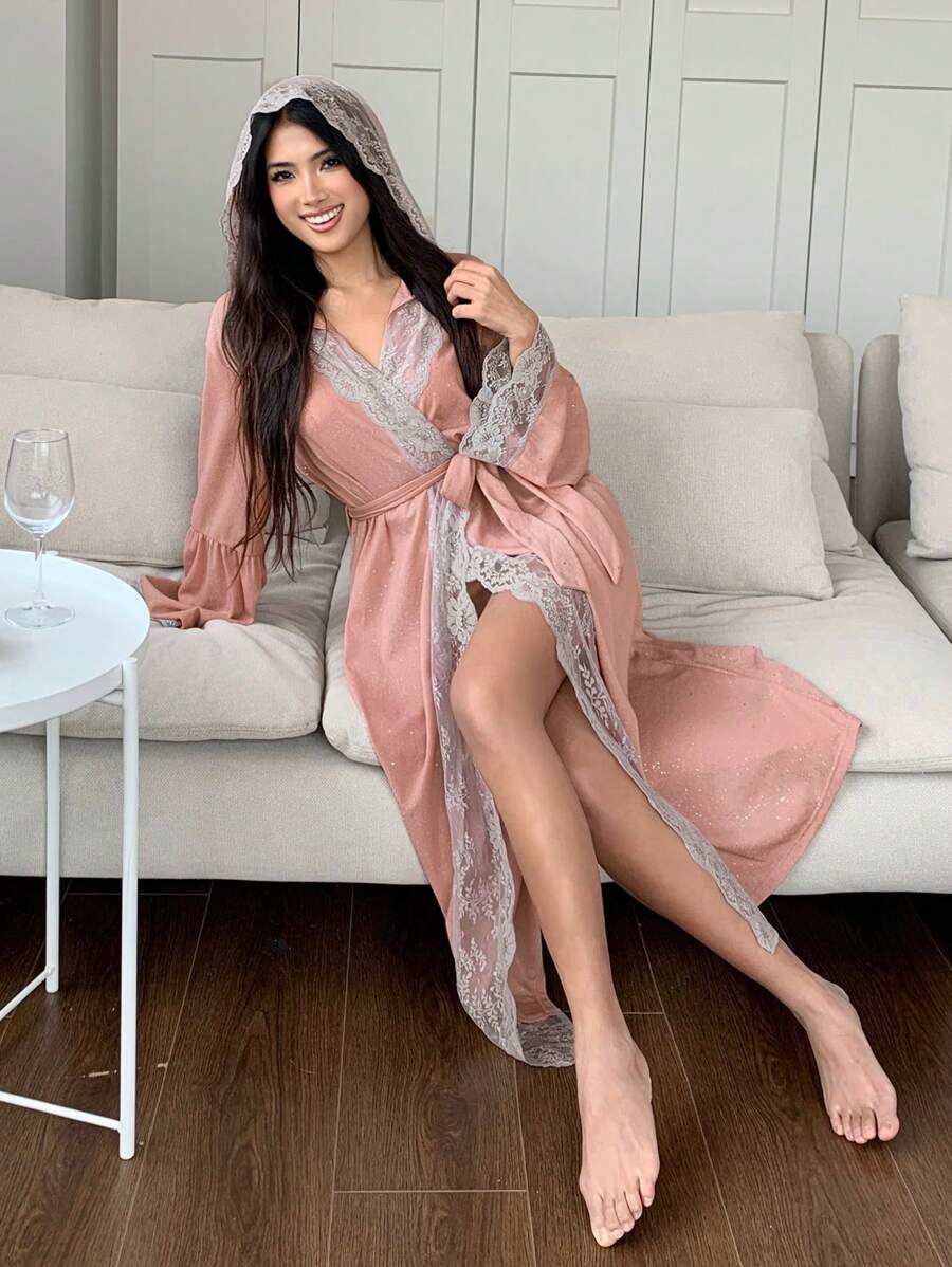 DAZY Romantic Sequins Decorated Lace-Panel Satin Robe Pajama - Pink - View 1