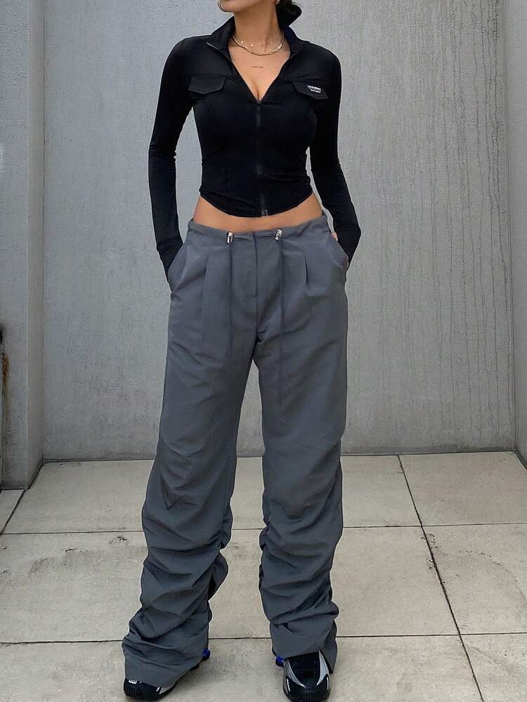 Women's Fitted Sports Jacket Outerwear With Stand Collar And Woven Label Decoration