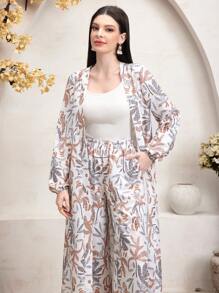Mulvari 2pcs/Set Women Botanical Print Long Sleeve Robe & Pants Set - Multicolor - View 3