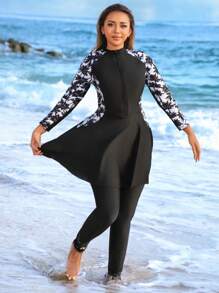 Plus Size Tropical Coconut Tree Print Long Sleeves And Long Pants Burkini Set, For Summer Beach Vacation Arabic Clothing