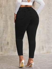 SHEIN SXY Plus Size Stretch Denim Blue Skinny Pants With Pearl Decoration - Black - View 2