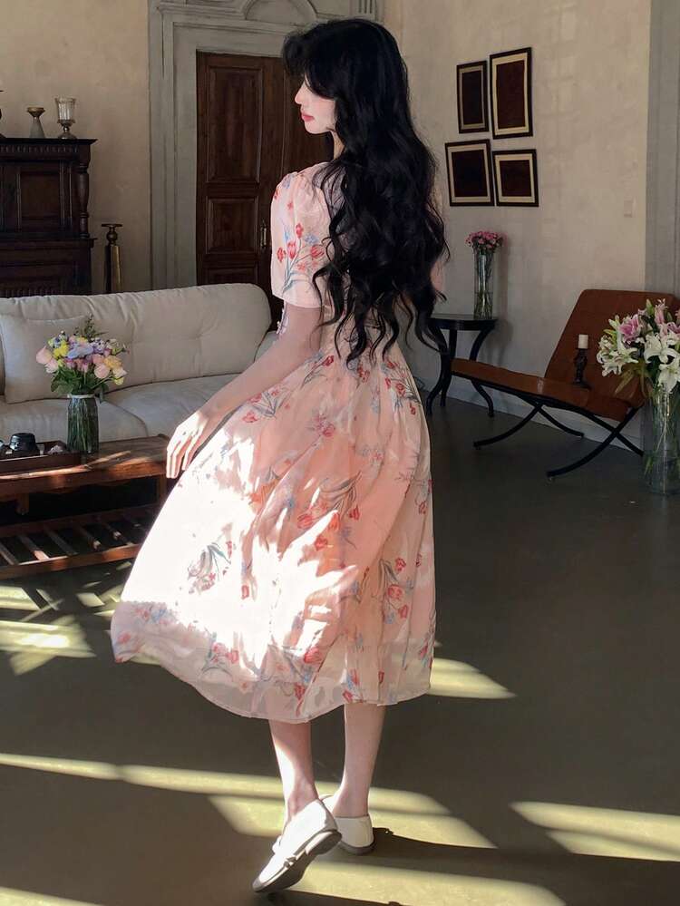 Solid Color Square Neck Puff Sleeve Women's Mid-Length Dress Sundress Maxi Dress Boho