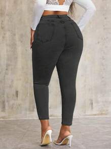 SHEIN SXY Pantalones vaqueros azules elásticos con decoración de perlas, para tallas grandes