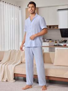 Men's Front Button Short Sleeve Striped Simple Pajama Set With Pants
