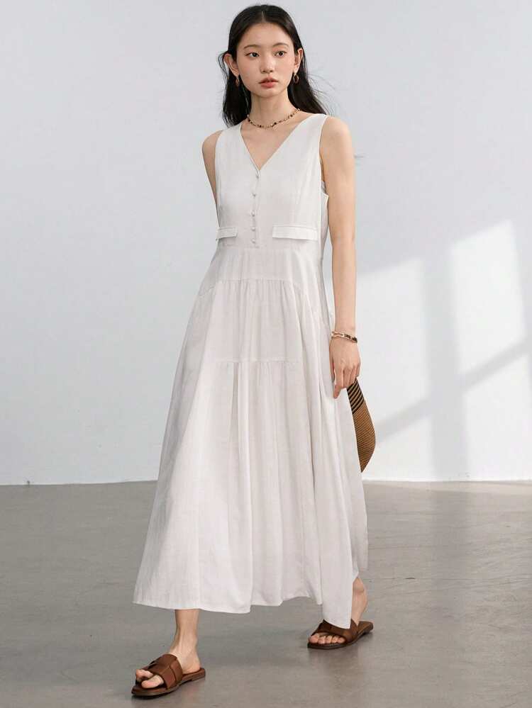 Casual Business Style Simple Linen Solid Color Oversized Pocket Decorative Waist Flared Hem V-Neck Sleeveless Midi Dress For Women Old Money Style