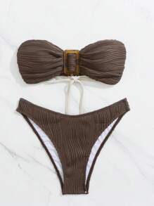 SHEIN 2pcs Women Sexy Simple Bikini Set, Bandeau Top & Triangle Bottom, Special Fabric, For Summer Vacation - Coffee Brown - View 1