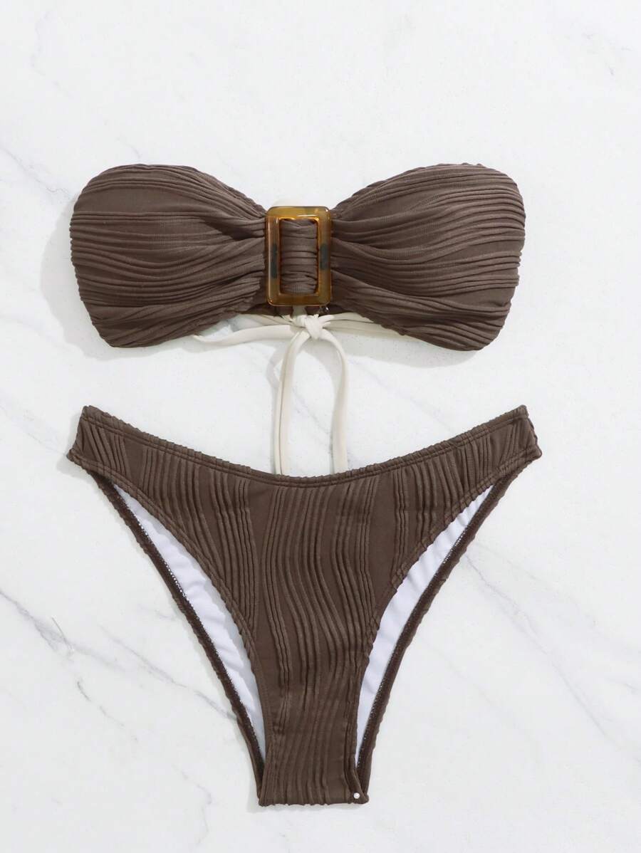SHEIN 2pcs Women Sexy Simple Bikini Set, Bandeau Top & Triangle Bottom, Special Fabric, For Summer Vacation - Coffee Brown - View 1