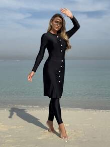 Swim Shayni 女士优雅度假连体黑色保守泳衣，适合夏季海滩 - 黑色 - 查看 3
