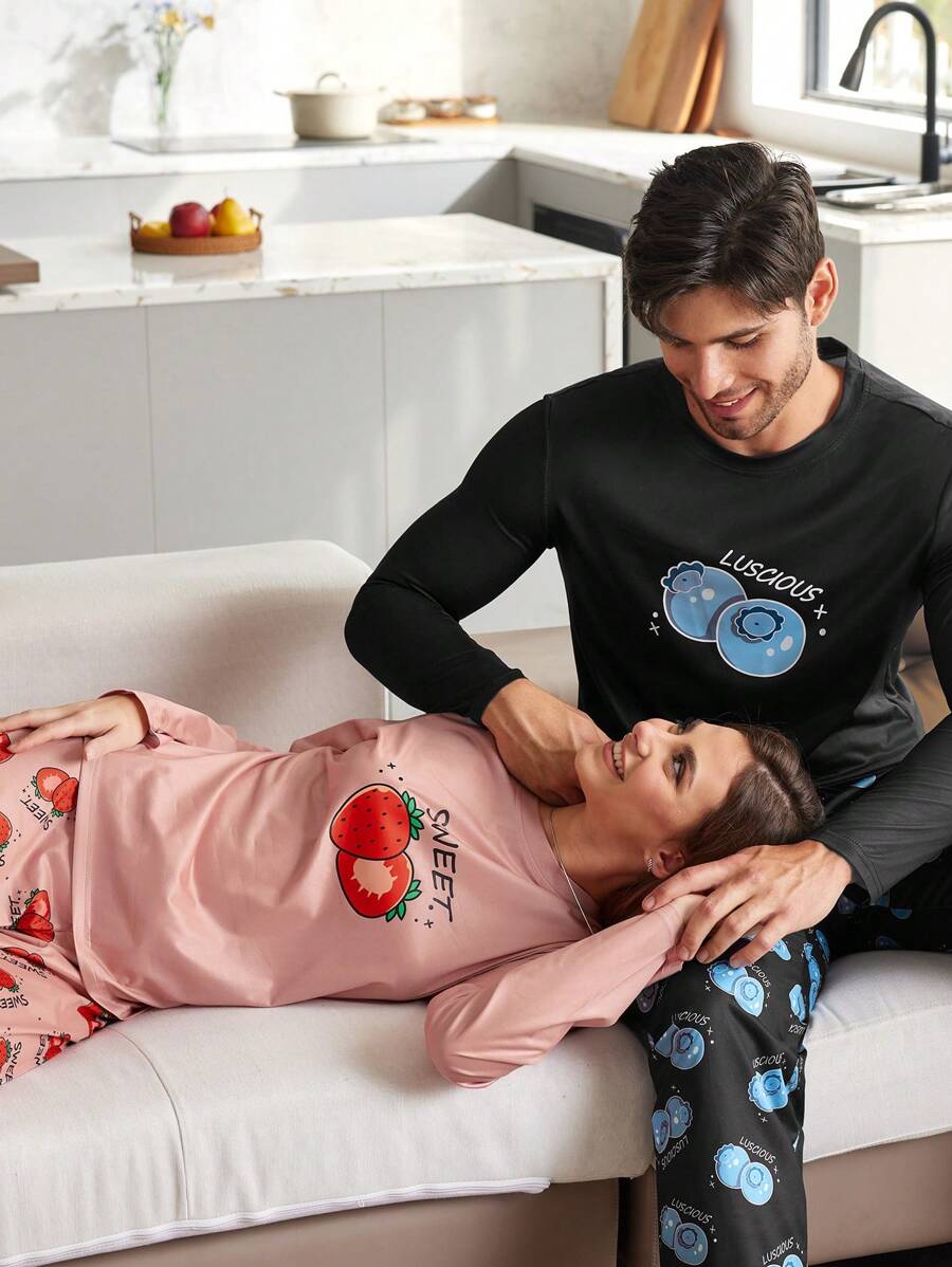 Women's Casual Fashion Strawberry Print Long Sleeve Pajama Set - Pink - View 1