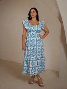 Aveloria Rosie 大码随机印花休闲度假荷叶边方领女式夏装连衣裙女士优雅热带波西米亚海滩时尚风格春秋季 - 藍色 - 查看 3