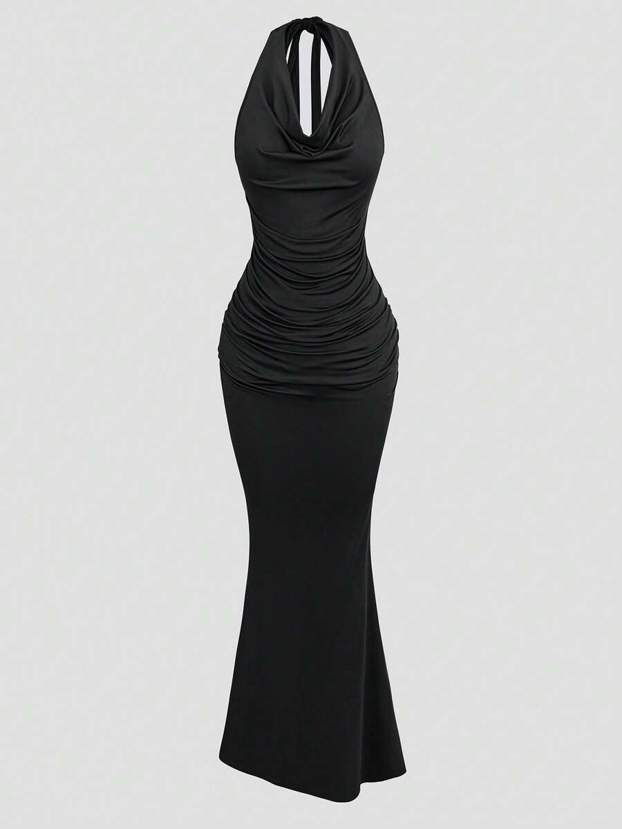 Sunspun 大码女式黑色低胸垂坠修身美人鱼针织连衣裙、晚会礼服