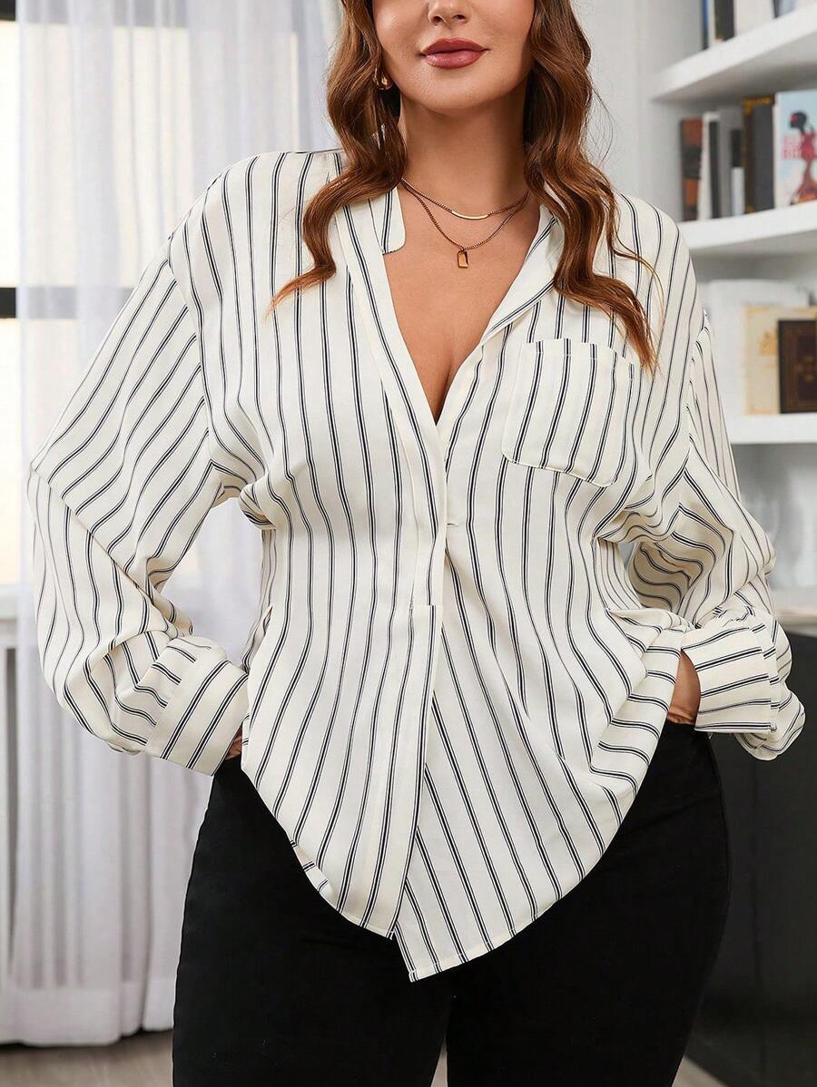 SHEIN Frenchy Camicia casual oversize da donna a righe con maniche a goccia e vita increspata - Multicolore - Visualizzare 1