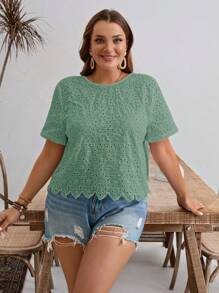 SHEIN Frenchy Plus Size Solid Color Eyelet Embroidery Round Neck Short Sleeve Summer Vacation Shirt - Mint Green - View 4