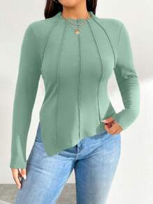 SHEIN Essnce Plus Size Asymmetrical Hem Long Sleeve Mock Neck Fitted T-Shirt - Mint Green - View 6