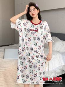 DAZY TOM AND JERRY X DAZY Cartoon Pattern Polka Dot Letter Logo Allover Print Contrast Color Design Ruffle Loose T-Shirt Style Nightgown