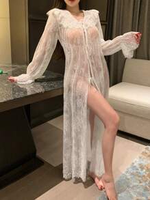 DAZY Romantic Lace Ruffled Lantern Sleeve Loose Long Bathrobe Pajama - White - View 7