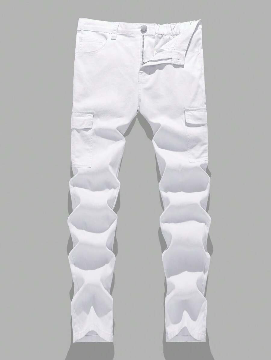 SHEIN 青少年男孩休闲时尚白色舒适宽松简约基本款工装牛仔裤，适合夏季度假和日常穿着