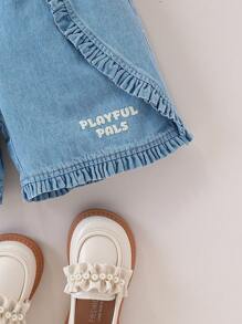 SHEIN Young Girl Letter Print Ruffled Edge Casual Denim Shorts - Blue - View 4