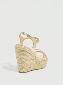 CUCCOO SZL Women's Fashion Gold Thin Strap Ankle Wrap Raffia Rope Platform Wedge Sandals, For Commuting, Dating, Party, Holiday - Gold - View 7