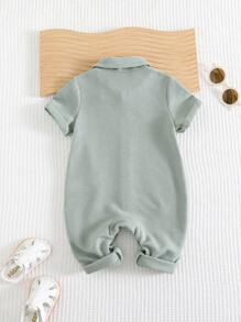 Cozy Pixies Baby Boy Simple Solid Knit Soft Casual Lapel Button-Front Long Sleeve Romper With Pants, Versatile For Summer