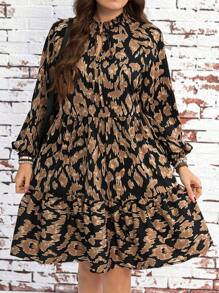 SHEIN LUNE Plus Size Tie Front Long Sleeve Printed Casual Short Dress Women Summer Clothing Dress Elegant Resort Clothing Women Boho/Boho Style, Resort Clothing, Holiday Dress, Outdoor Daily Wear Essential Sundress Cheetah Print Carnival Clothing