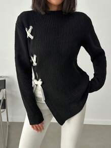 EURMUSE Casual Contrast Color Cross Cord Placement Rib Knit Sweater With Slit - Black - View 5