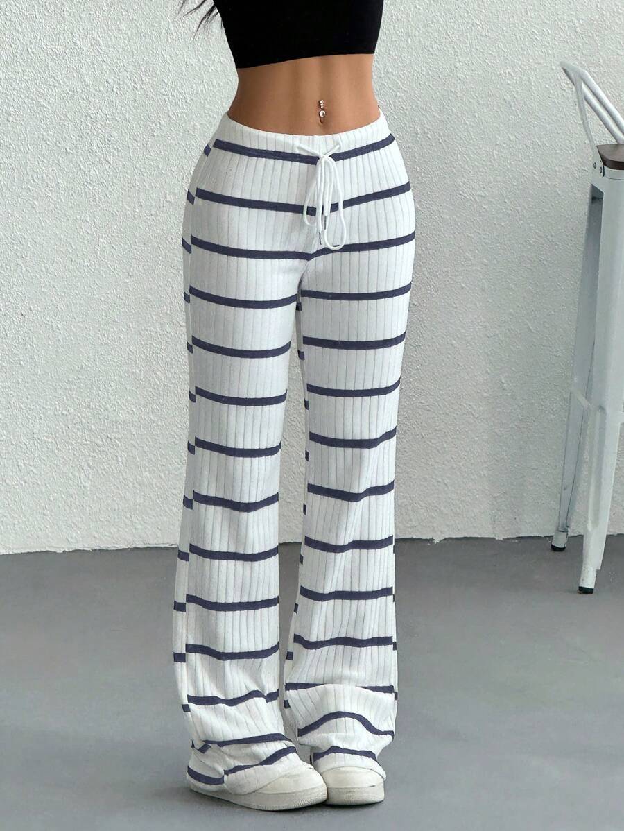 SHEIN EZwear 女士休闲前系带条纹裤，简约风格