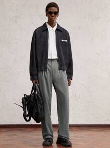 AKNOTIC Business Casual Pantalones casuales rectos de pierna larga de cintura suelta con jacquard de chevron de punto marrón, aptos para uso diario y traslados, con decoración de letras metálicas