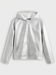 Manfinity VCAY Men's Loose Fit Relaxed Drop Shoulder Hooded Thickened Fleece Jacket, Suitable For Autumn/Winter - Silver - View 1