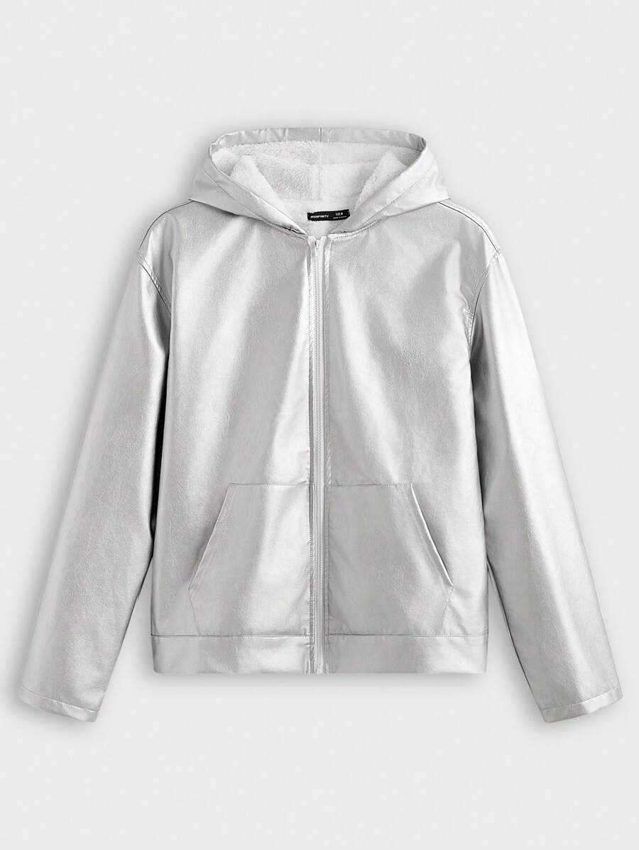 Manfinity VCAY Men's Loose Fit Relaxed Drop Shoulder Hooded Thickened Fleece Jacket, Suitable For Autumn/Winter - Silver - View 1