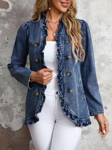 EMERY ROSE 女式秋季长袖双排扣荷叶边牛仔夹克