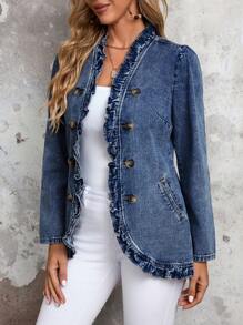 EMERY ROSE 女式秋季长袖双排扣荷叶边牛仔夹克