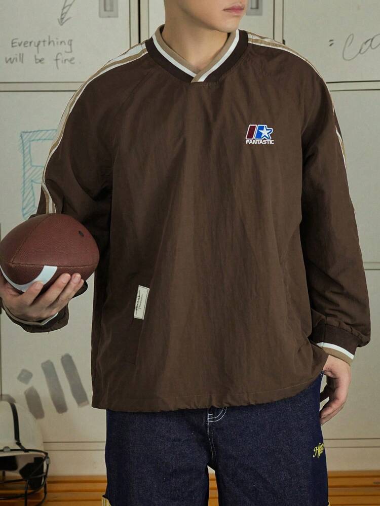 Men Letter Embroidery Striped Print Long Sleeve Casual T-Shirt, Autumn Business Attire