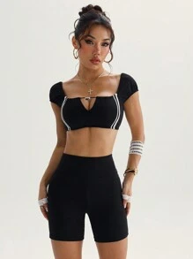 SHEIN Sport Studio 2 Pieces Set: Contrast Color Elastic Off Shoulder Top And Regular Fitted Workout Shorts