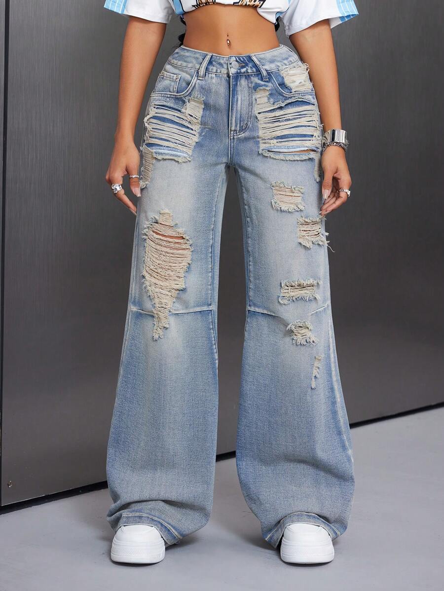 SHEIN ICON 街头风格 女式破洞阔腿牛仔裤 - 淺色水洗藍 - 查看 1