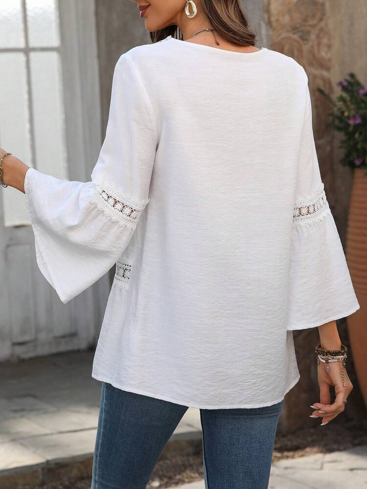 Women's Solid Color Hollow-Out Patchwork Simple Blouse, Casual Everyday Wear