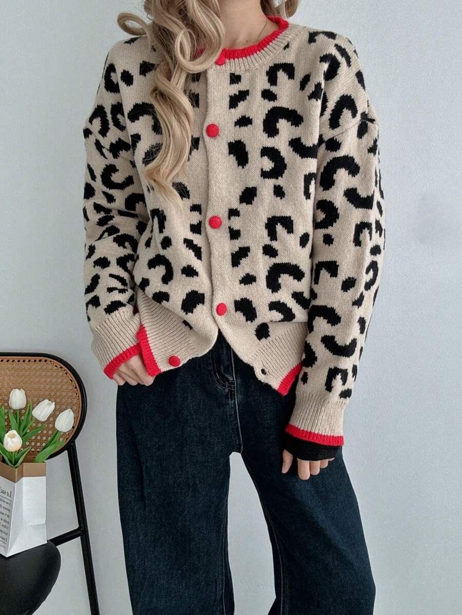 Casual & Cozy Leopard Print Knit Cardigan, Autumn/Winter Fall Cloth For Women - Yellow - View 1