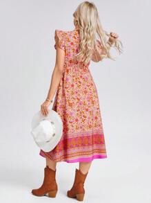 Wildy 夏季浪漫花卉印花前开长裙，乡村度假风格，荷叶边袖，粉色，适合情人节 - 粉色 - 查看 6