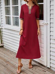 EMERY ROSE Women Casual Long Dress, Minimalist & Fashionable For Everyday Wear - Burgundy - View 3