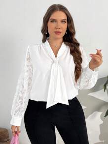 SHEIN Privé 女式大码优雅精致工作/休闲珍珠领刺绣透明褶皱纹理宽松白色衬衫 - 白色 - 查看 6