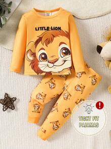 男婴卡通狮子图案圆领插肩袖柔软舒适家居服睡衣套装，2 件
